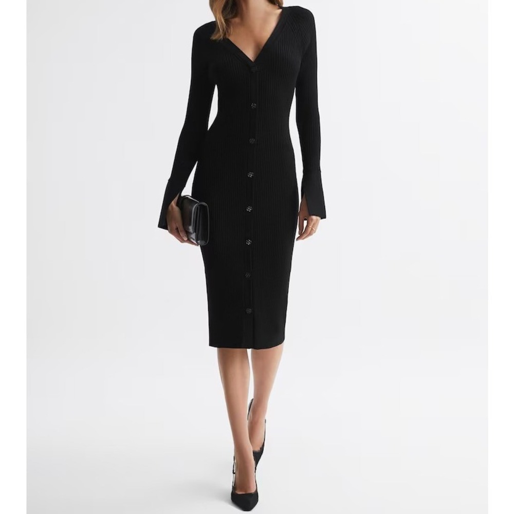 REISS Black Avery Ribbed Knit Midi Dress Button Down Cardigan Stretch Size XS